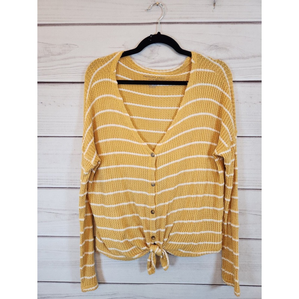 American Eagle Womens Small Yellow Striped Waffle Knit Tie Front Cardigan Top